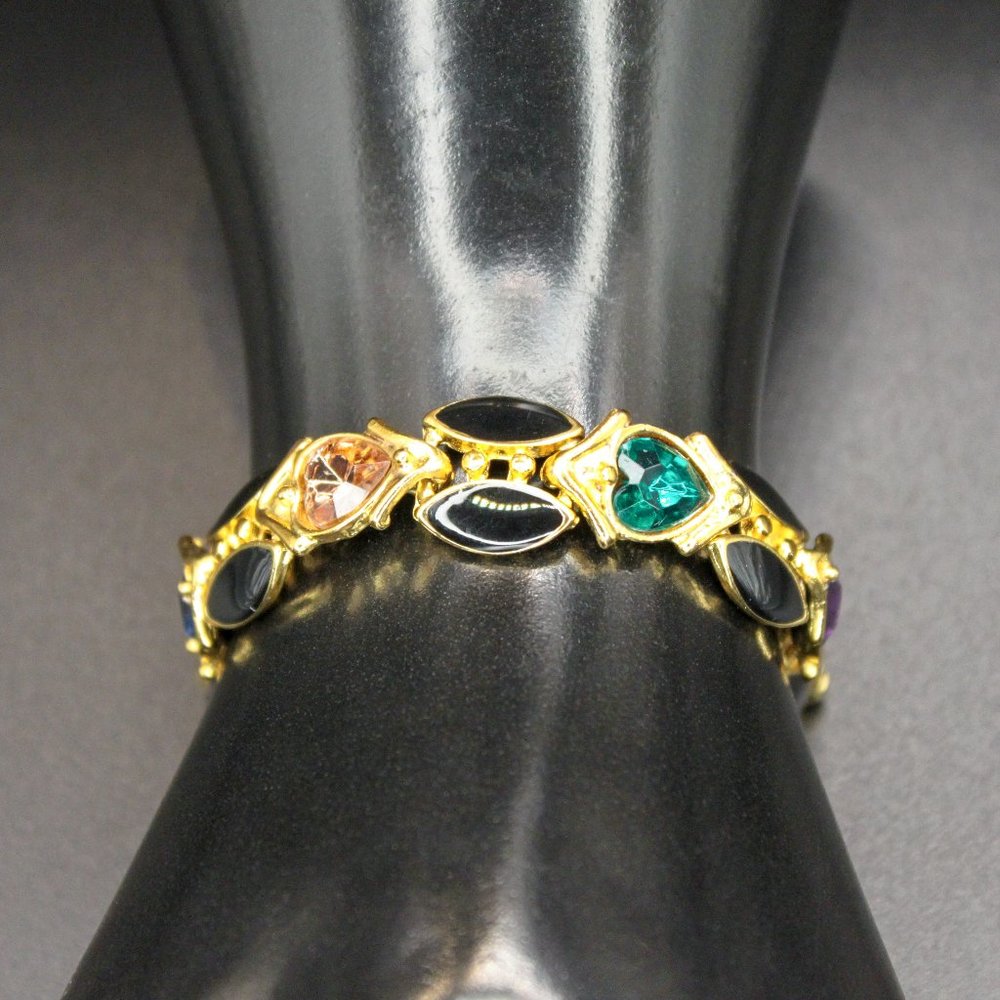 Vintage ORENA of PARIS France Rhinestones Enamel Heart Link Bracelet Gold Tone